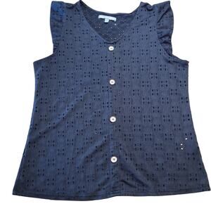 Daisy Fuentes Floral Flutter Sleeve Top Black V Neck L